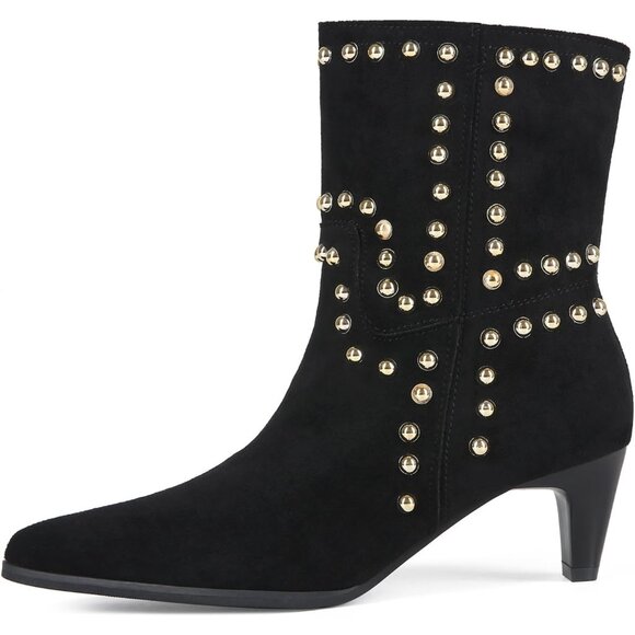 Women's Pointed Toe Low Kitten Heel Booties Slip On Rivet Ankle Boots Black - Picture 3 of 7